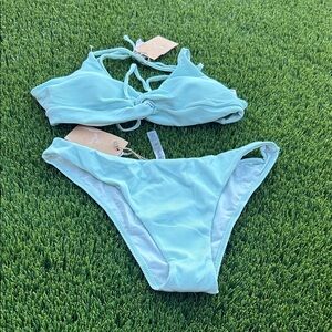 Light Aqua Ribbed Tie-Front Bikini Top and Bottom - Women